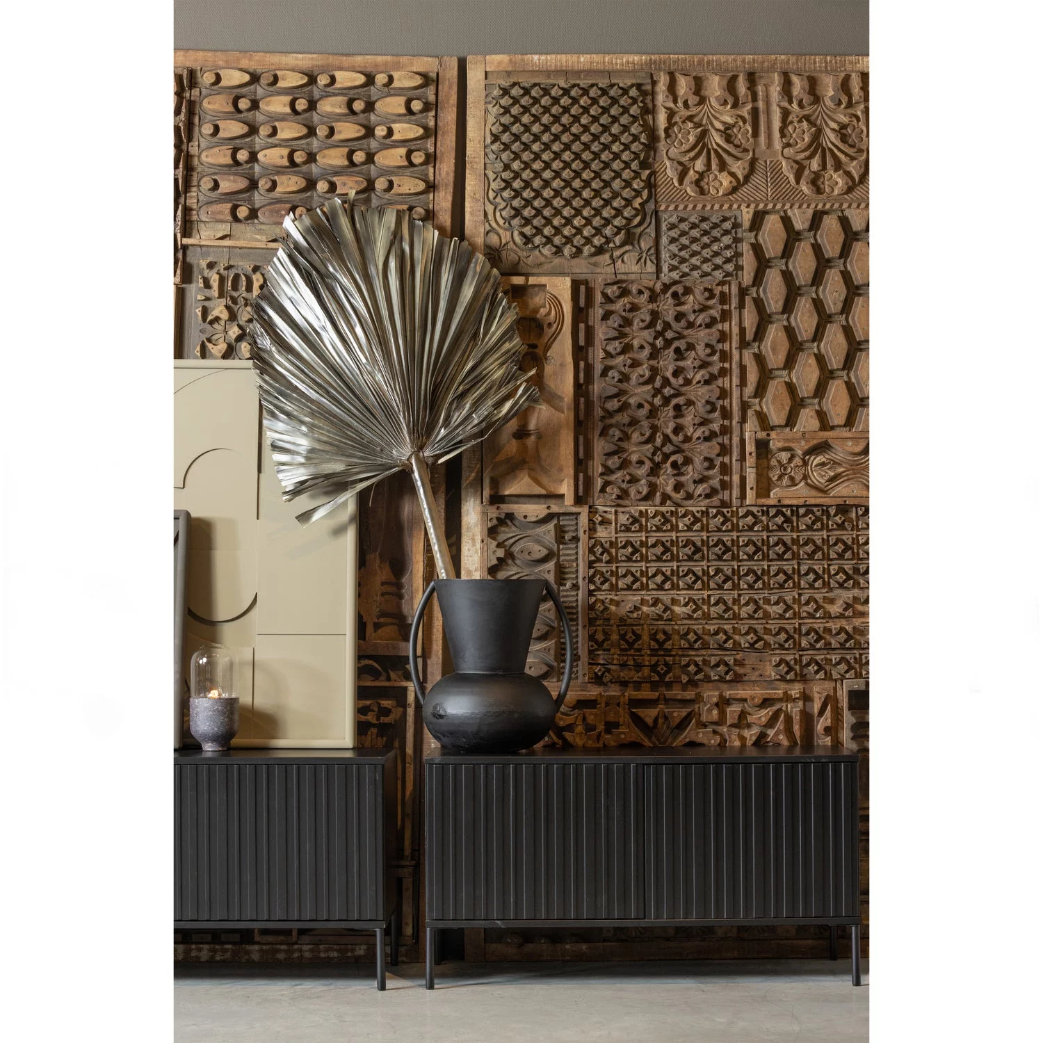 Tv-Meubel New Gravure Grenen, Kleur Zwart - Afbeelding 3