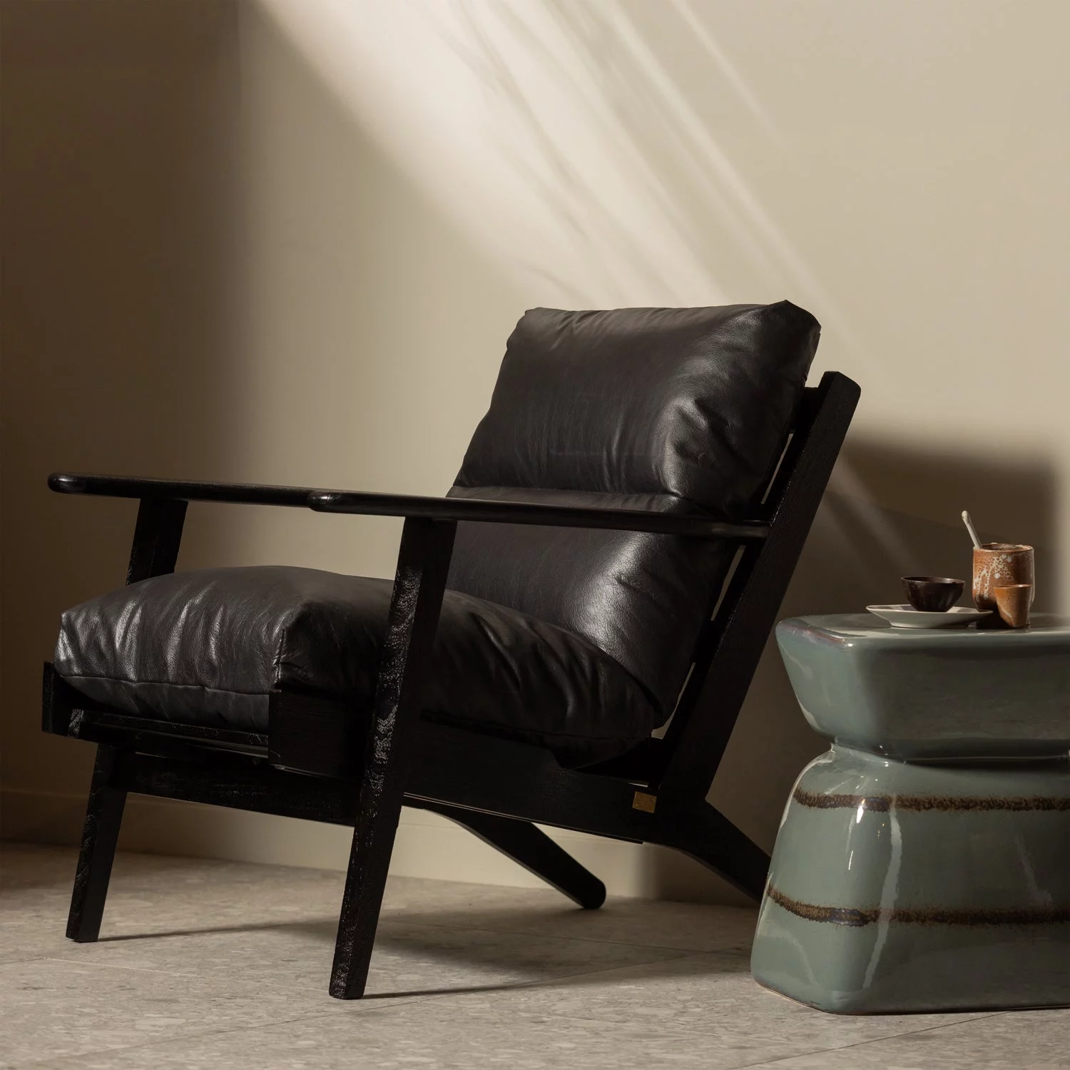 Houston Fauteuil Leer/Hout Zwart - Afbeelding 2